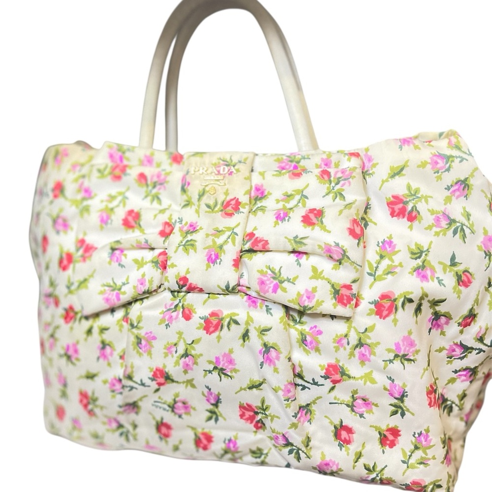 Prada Cream Floral Bow Tote with Pink & Green Accents